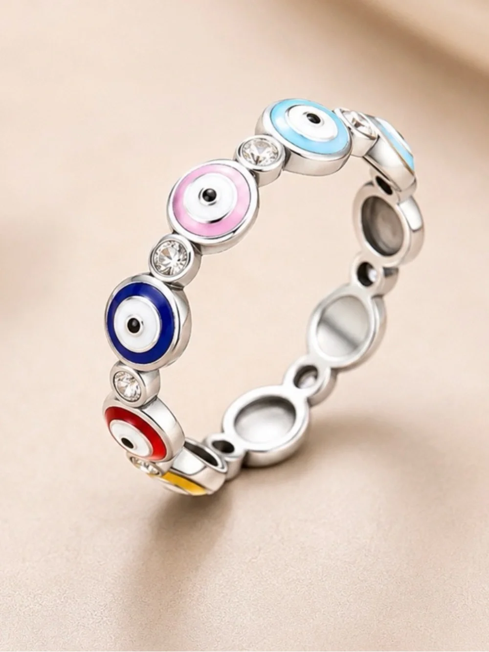 Silver Multi-Color Evil Eye Stackable Ring - Picture 1 of 3